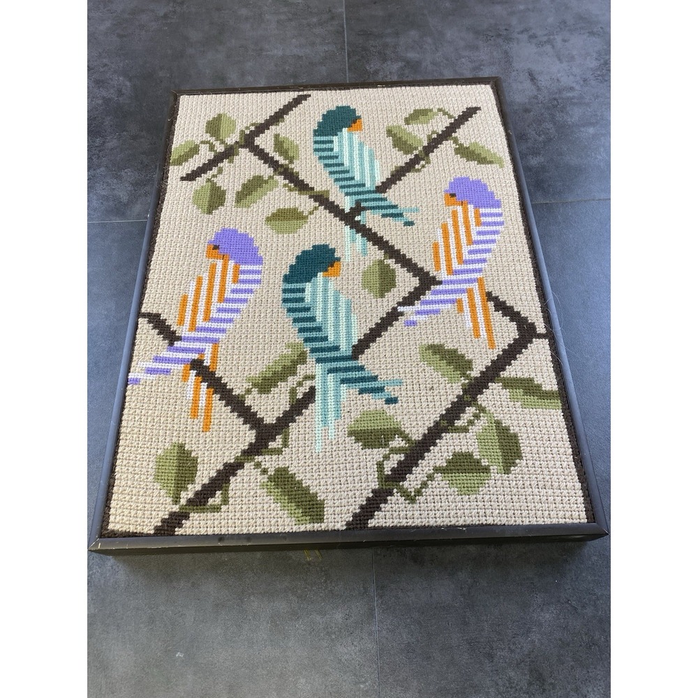 VTG Handmade Needlepoint Cross Stitch Parrot/Bird Picture with Metal Frame